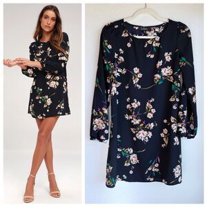 NWOT Lulus Herbaceous Babe Navy Floral Print Long Sleeve Mini Shift Dress Size M